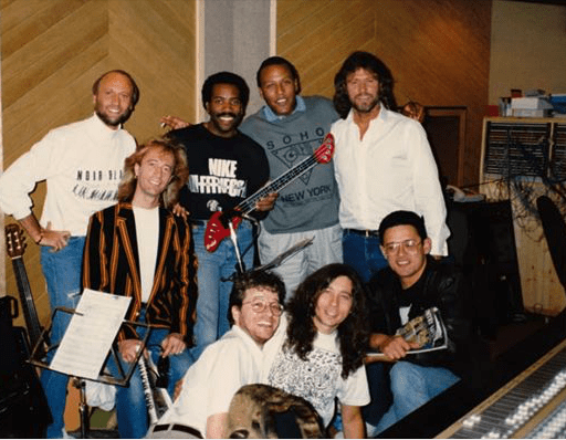 Top row L to R:  Maurice Gibb, Robin Gibb, Nathan East, Steve Feronne, Barry Gibb.  Bottom row L to R: Peter Vitessee, Scott Glasel, Tim